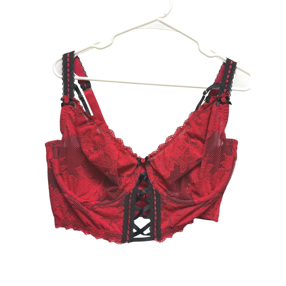 Cacique Red Floral Lace Longline Bustier Bra 42DDD Black Ribbon Trim Rose Detail